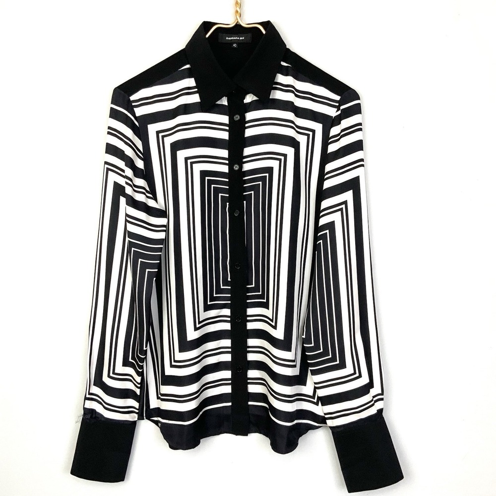 BARBARA BUI Sz 40 100% Silk Black White Geometric Long Sleeve Button Down Blouse